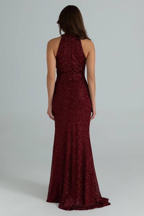 Halter Yaka İşlemeli Abiye - BORDO