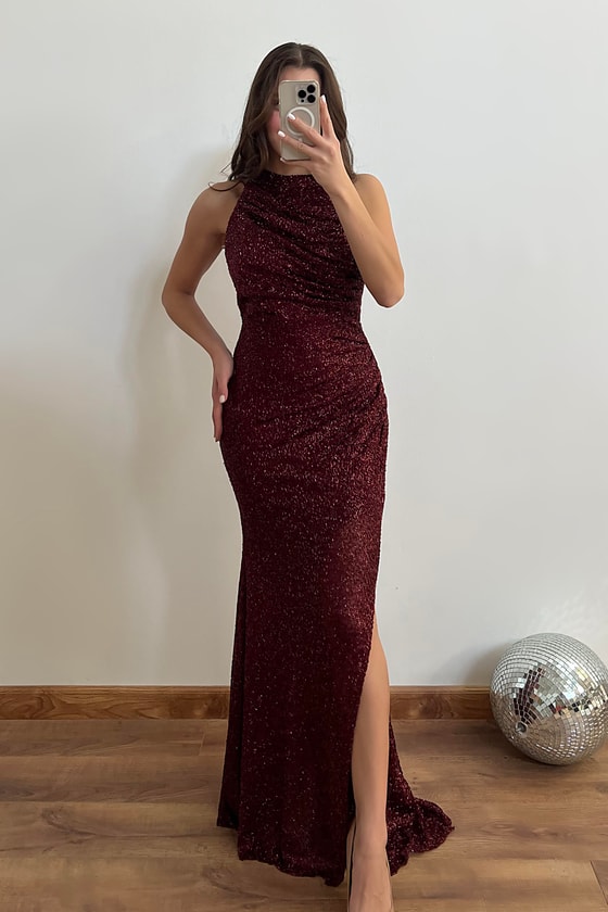 Halter Yaka İşlemeli Abiye - BORDO