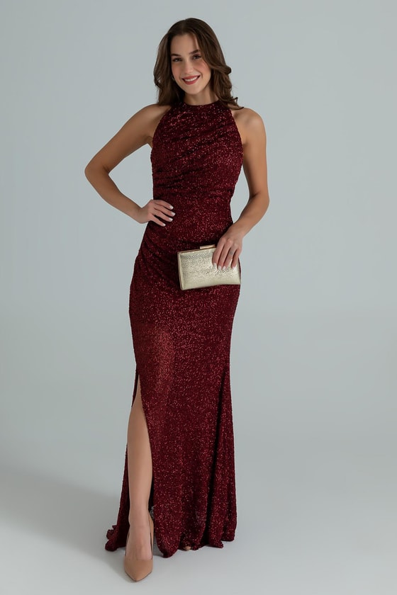 Halter Yaka İşlemeli Abiye - BORDO