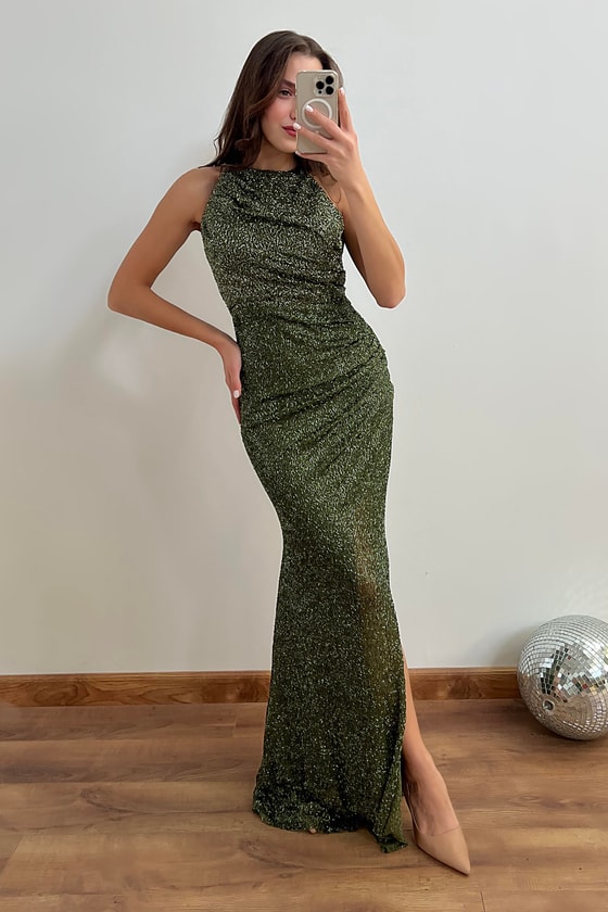 Halter Yaka İşlemeli Abiye - HAKİ