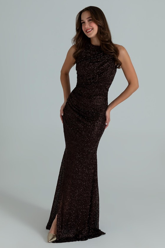 Halter Yaka İşlemeli Abiye - KAHVERENGİ