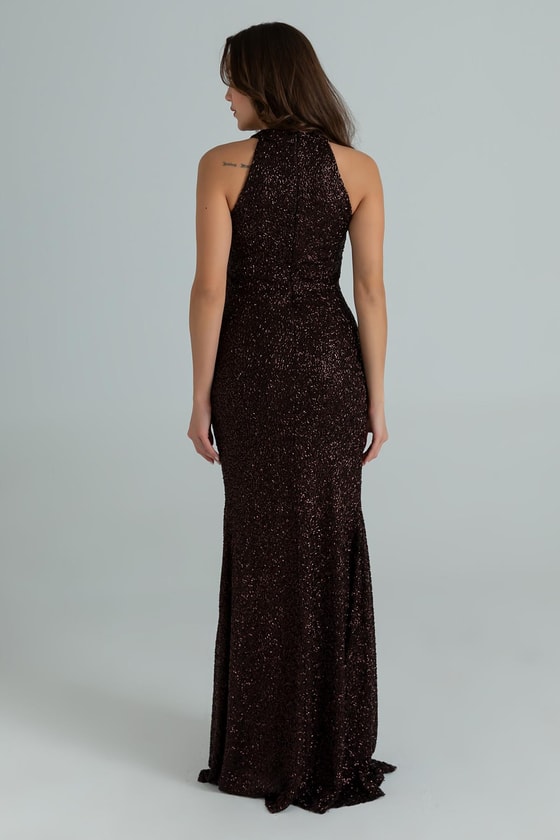 Halter Yaka İşlemeli Abiye - KAHVERENGİ