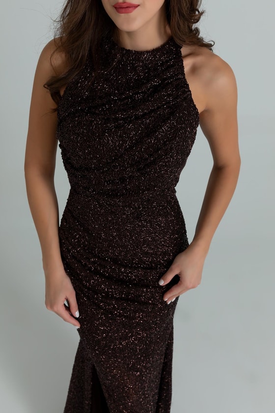 Halter Yaka İşlemeli Abiye - KAHVERENGİ