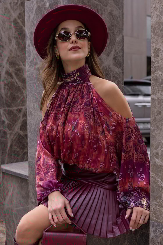 Halter Yaka Omuz Dekolteli Bluz - BORDO