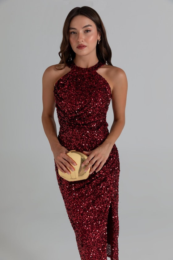 Halter Yaka Payetli Abiye - BORDO