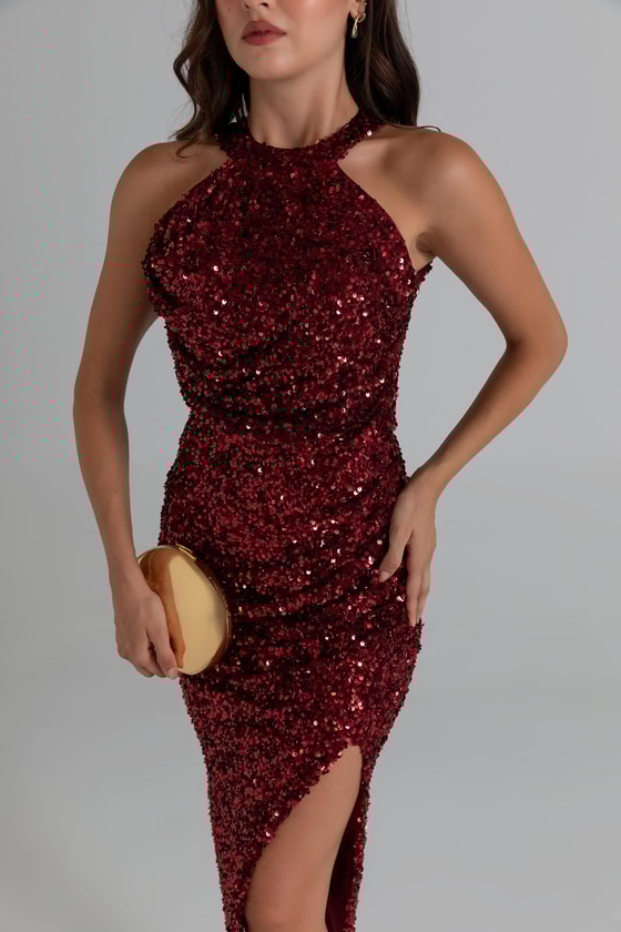 Halter Yaka Payetli Abiye - BORDO