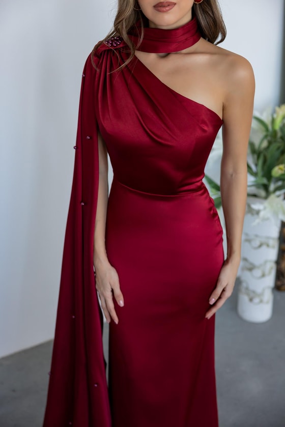 İnci İşlemeli Saten Abiye - BORDO