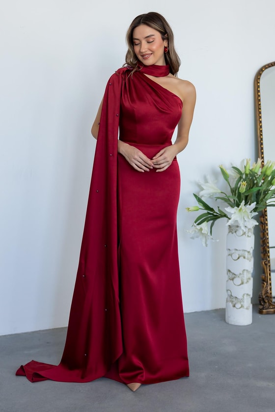 İnci İşlemeli Saten Abiye - BORDO