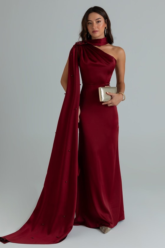 İnci İşlemeli Saten Abiye - BORDO