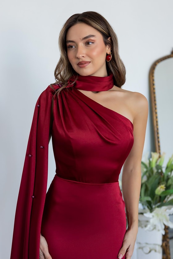 İnci İşlemeli Saten Abiye - BORDO