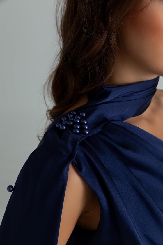 İnci İşlemeli Saten Abiye - LACİVERT