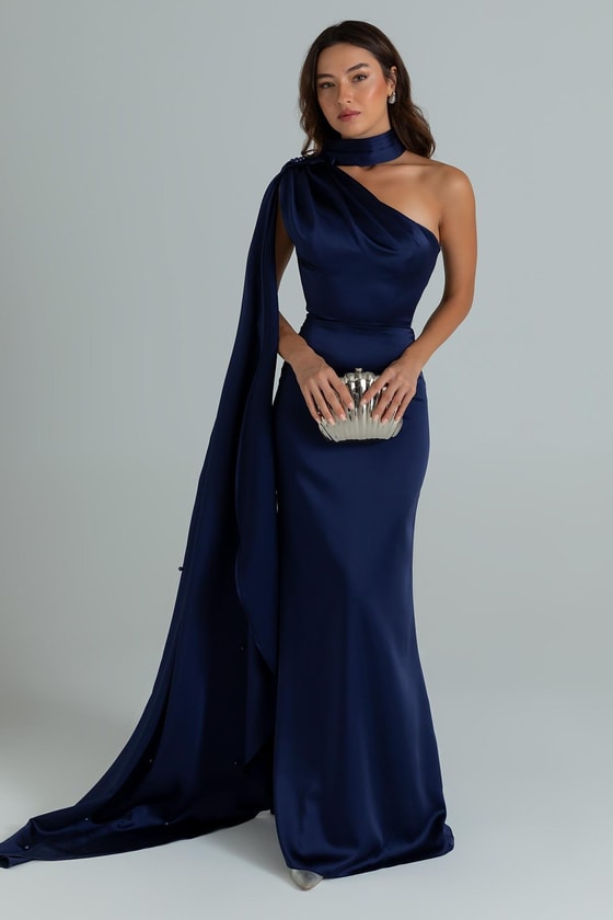 İnci İşlemeli Saten Abiye - LACİVERT