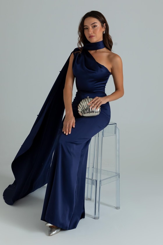 İnci İşlemeli Saten Abiye - LACİVERT