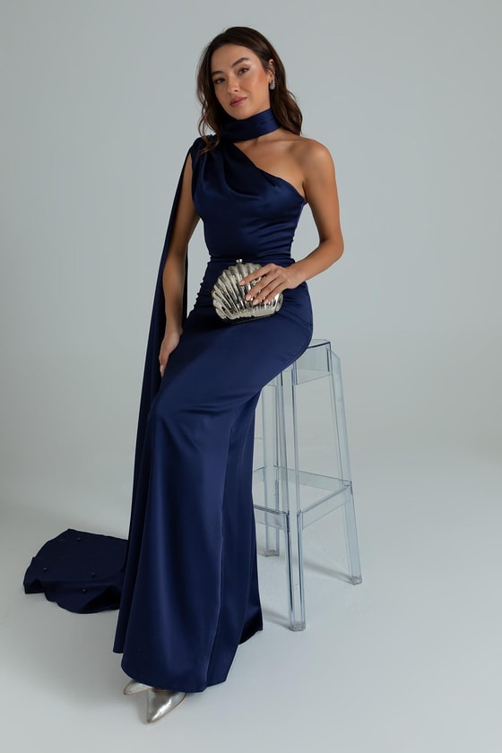 İnci İşlemeli Saten Abiye - LACİVERT