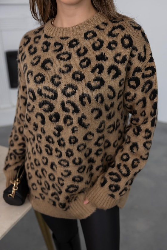 İpek Leopar Kazak - KAHVERENGİ