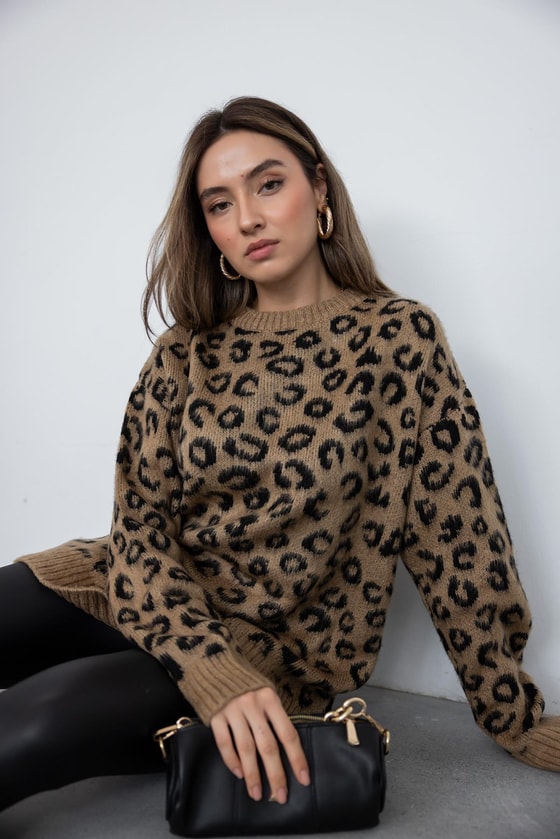 İpek Leopar Kazak - KAHVERENGİ