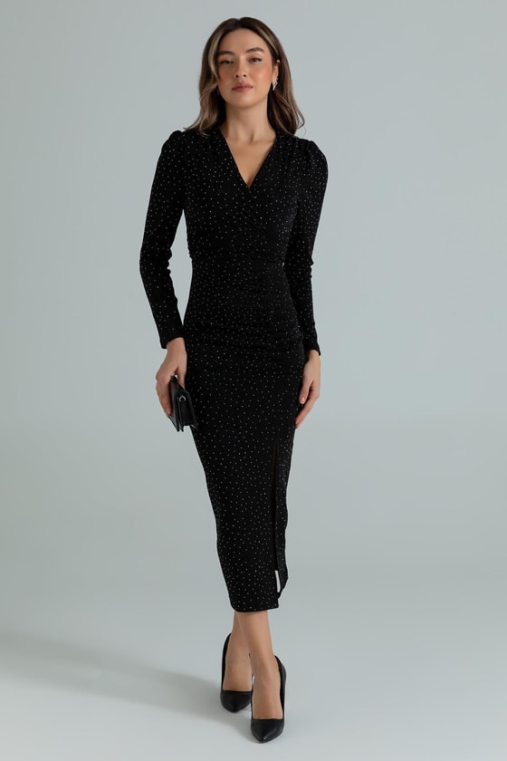 Işıltılı Büzgülü Elbise - SİYAH