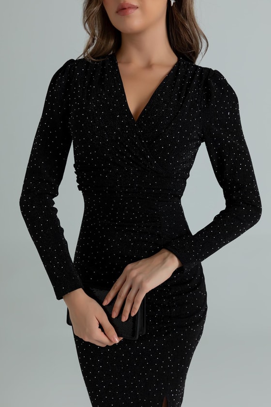 Işıltılı Büzgülü Elbise - SİYAH