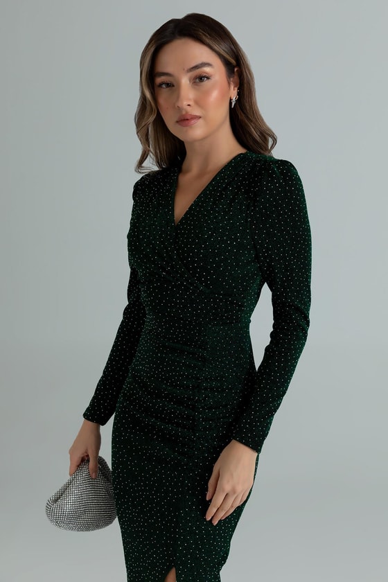 Işıltılı Büzgülü Elbise - YEŞİL