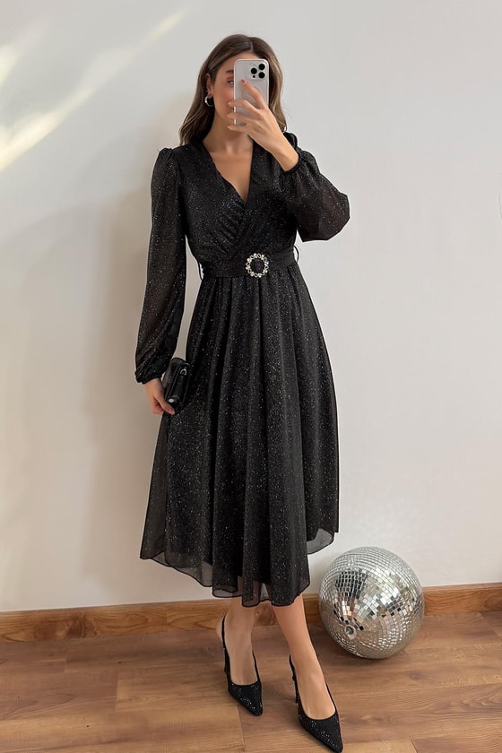 Işıltılı Gece Elbisesi - SİYAH