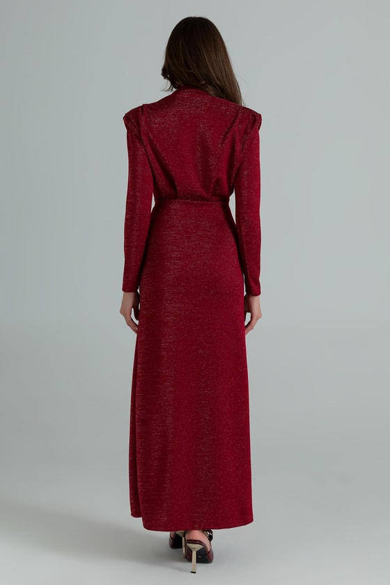 Işıltılı Kemerli Elbise - BORDO