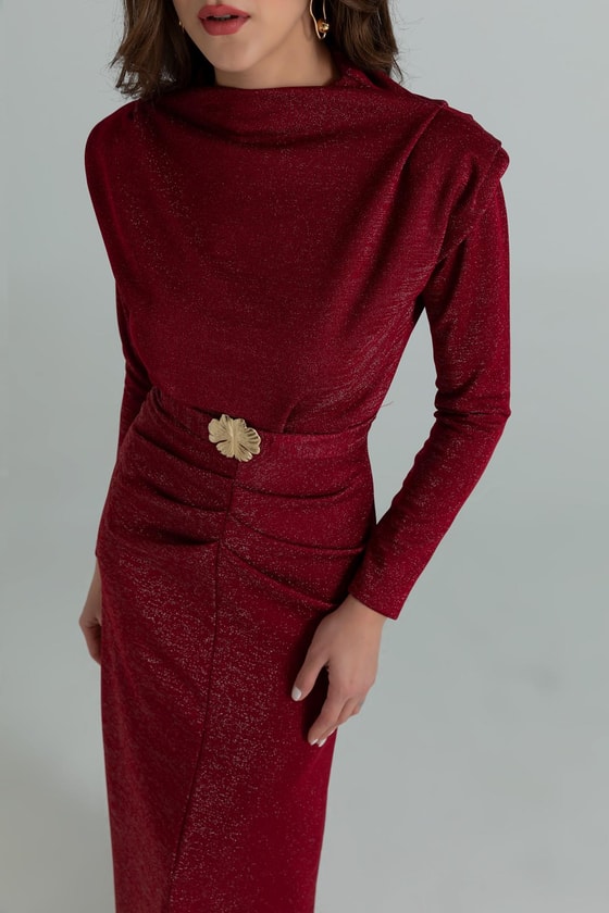 Işıltılı Kemerli Elbise - BORDO