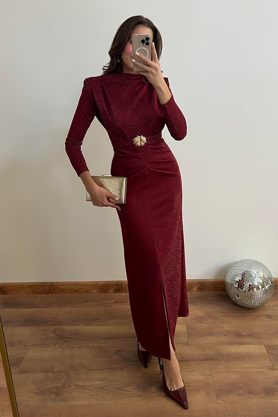 Işıltılı Kemerli Elbise - BORDO
