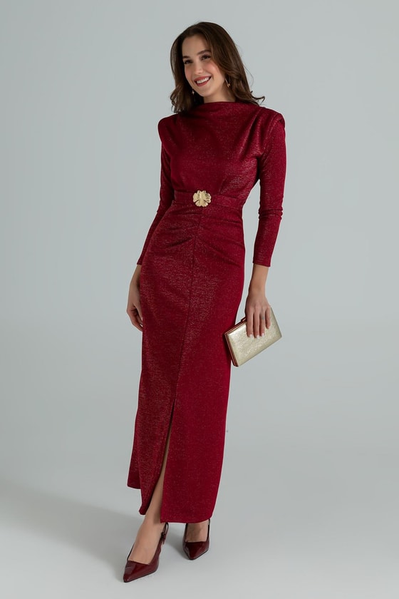 Işıltılı Kemerli Elbise - BORDO