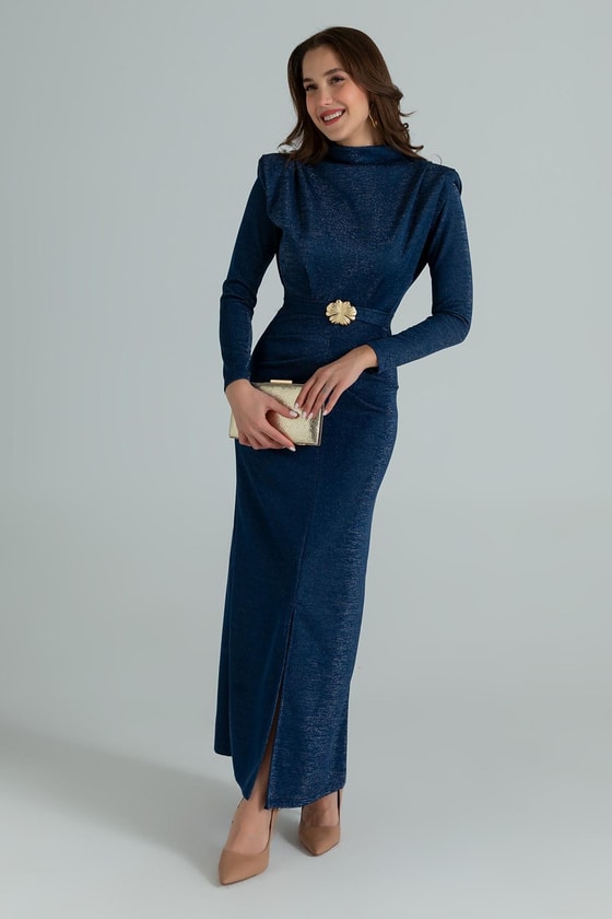 Işıltılı Kemerli Elbise - LACİVERT