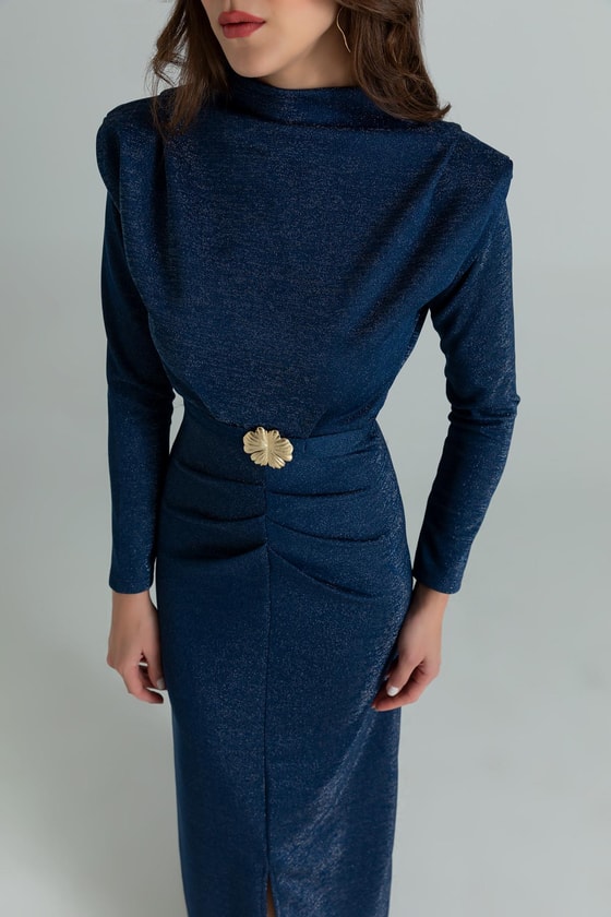 Işıltılı Kemerli Elbise - LACİVERT