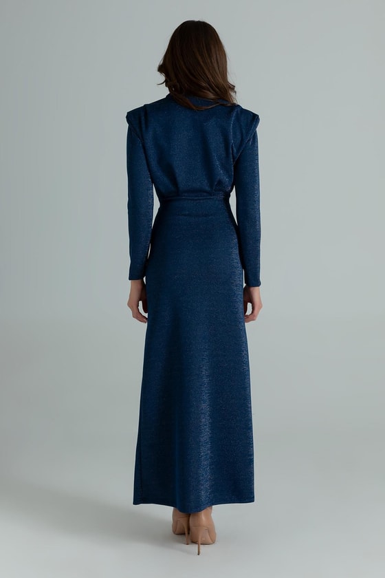 Işıltılı Kemerli Elbise - LACİVERT