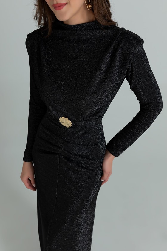 Işıltılı Kemerli Elbise - SİYAH