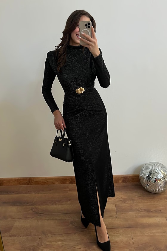 Işıltılı Kemerli Elbise - SİYAH