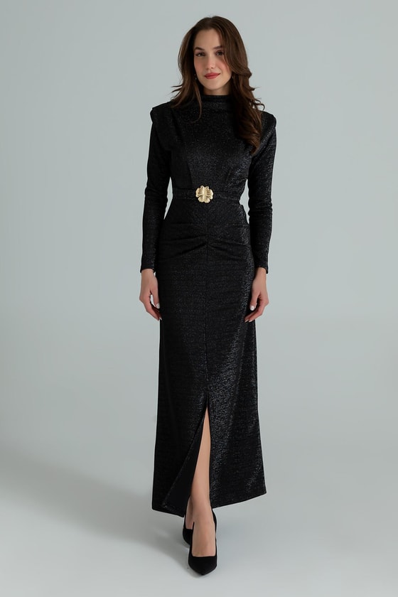 Işıltılı Kemerli Elbise - SİYAH