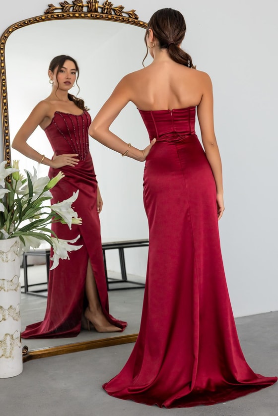 İşlemeli Saten Anvelop Abiye - BORDO