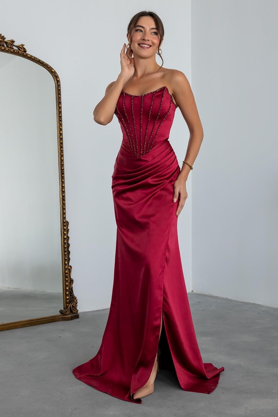 İşlemeli Saten Anvelop Abiye - BORDO