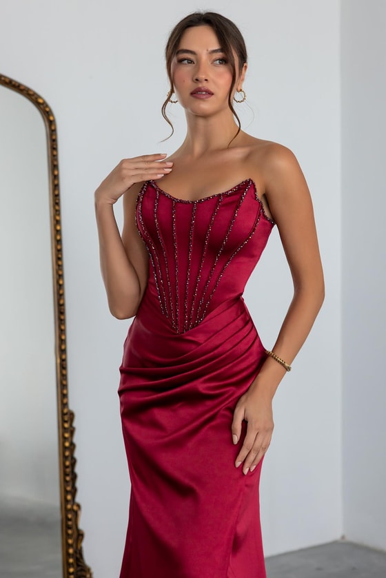 İşlemeli Saten Anvelop Abiye - BORDO