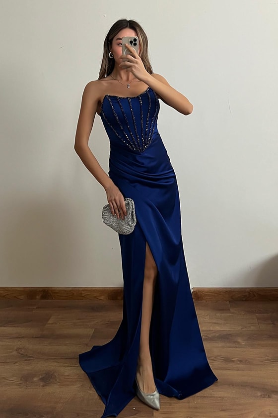 İşlemeli Saten Anvelop Abiye - SAKS