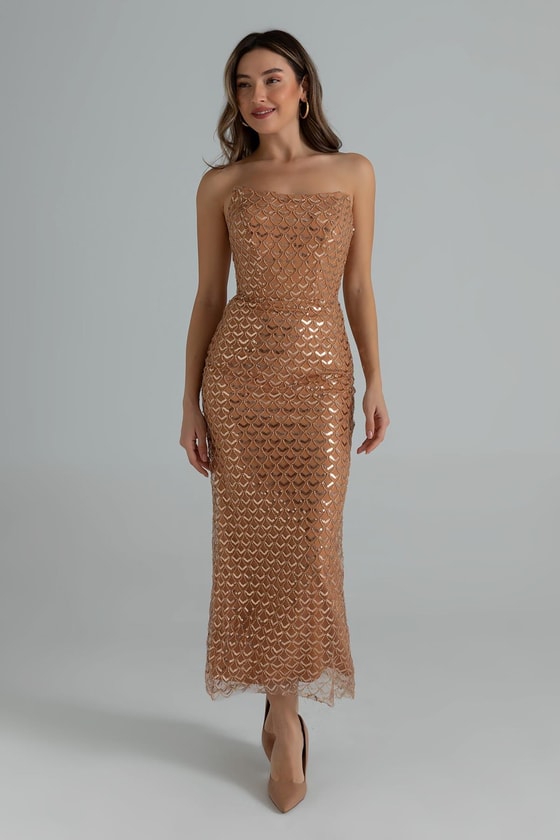 İşlemeli Straplez Abiye - GOLD