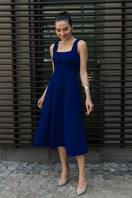 Kalın Askı Kloş Elbise - MAVİ