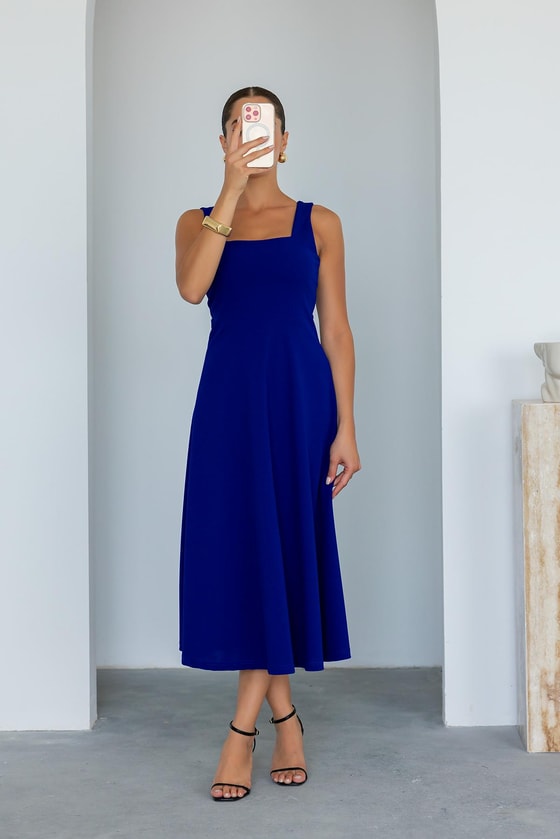 Kalın Askı Kloş Elbise - MAVİ