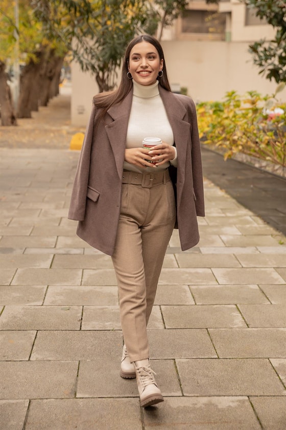 Kalın Kemerli Kaşe Pantolon - TAŞ
