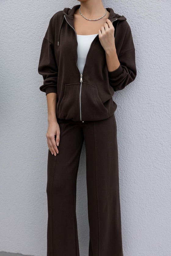 Kapüşonlu Palazzo Takım - KAHVERENGİ