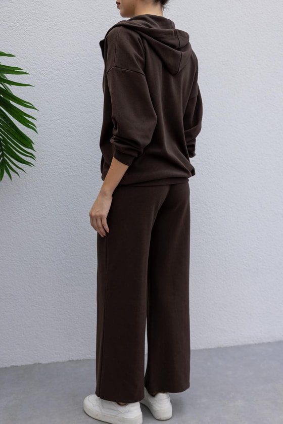 Kapüşonlu Palazzo Takım - KAHVERENGİ