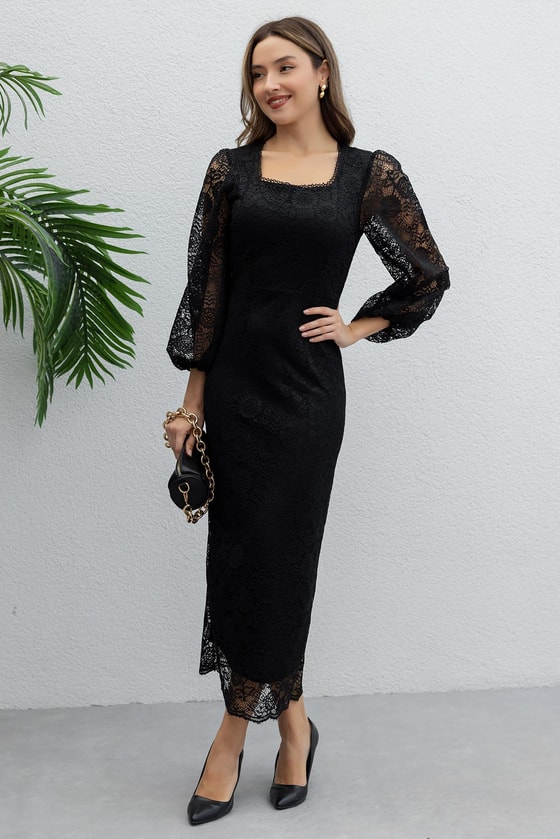 Kare Yaka Güpürlü Dantel Elbise - SİYAH