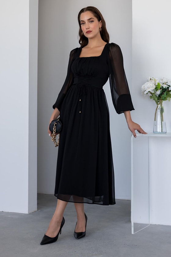 Kare Yaka Midi Tül Elbise - SİYAH