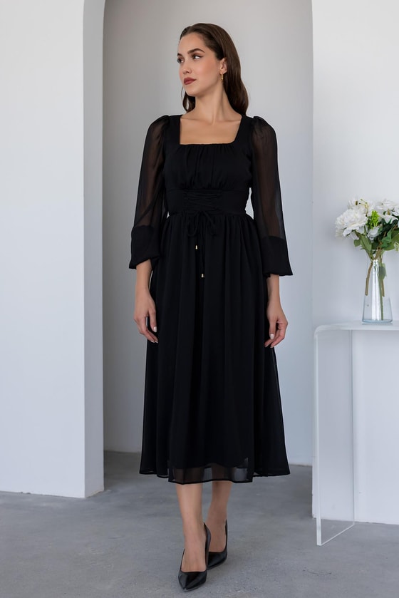 Kare Yaka Midi Tül Elbise - SİYAH