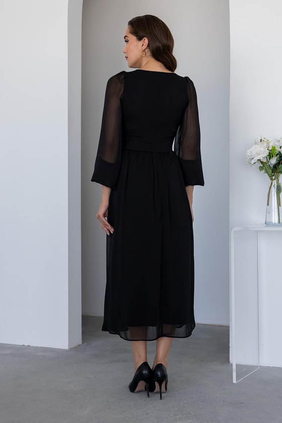 Kare Yaka Midi Tül Elbise - SİYAH