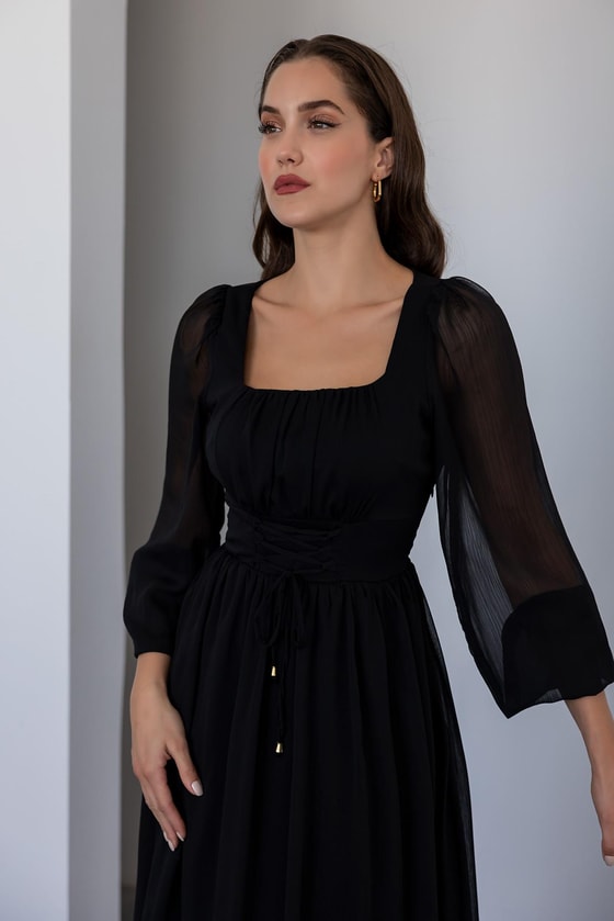 Kare Yaka Midi Tül Elbise - SİYAH