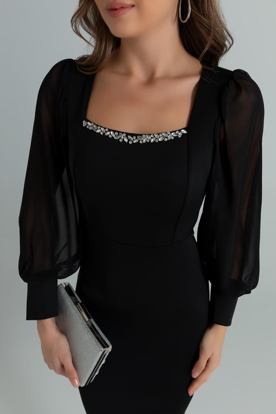 Kare Yaka Taşlı Elbise - SİYAH